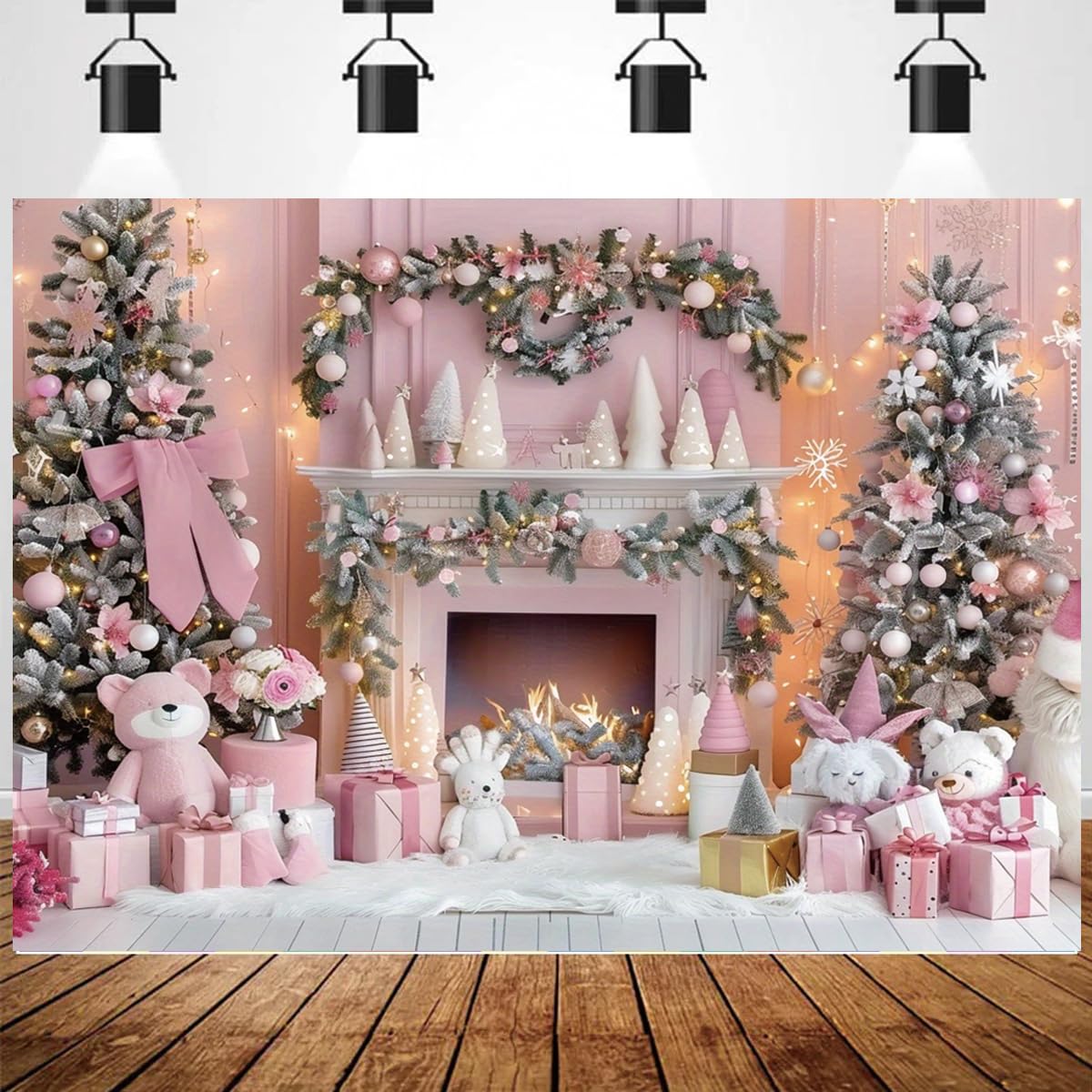 Pink Christmas フォトフレーム☃　完成品 Pink Frosted Holiday Fireplace Backdrop